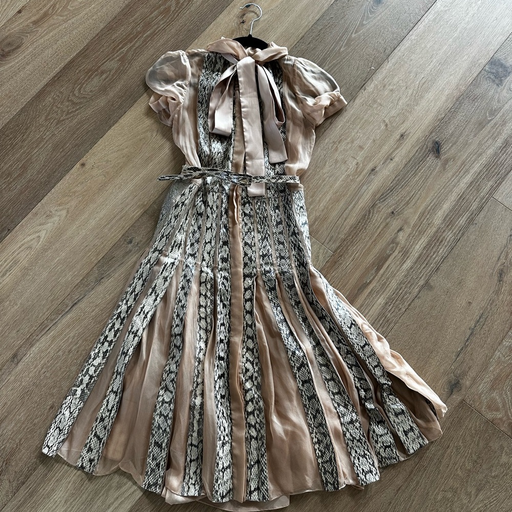 Valentino Silk & Snakeskin Panel Pleated Dress – Bow Neck, Made in Italy